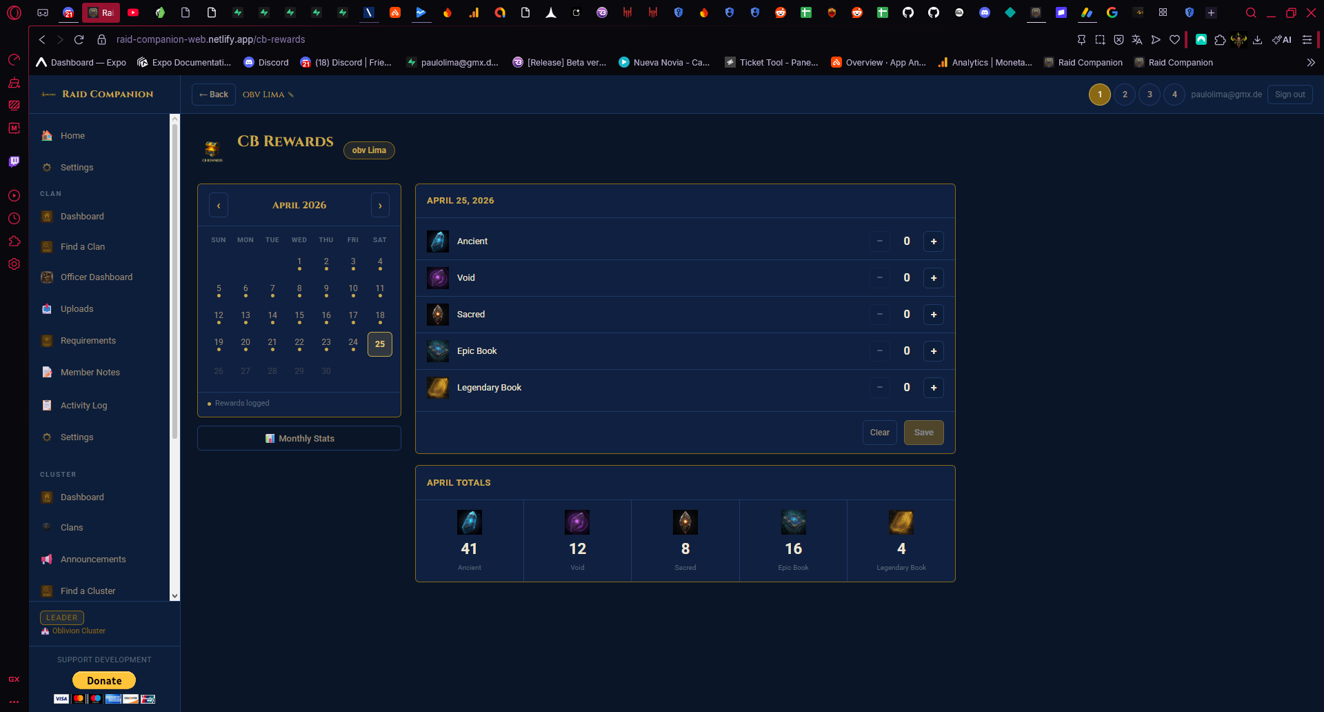 CB Rewards Tracker interface in Raid Companion